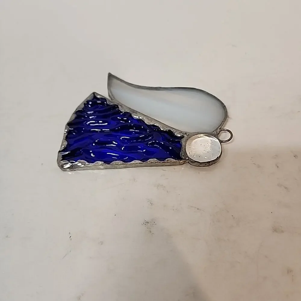 Stain Glass Angel Ornament Blue Textured Glass Body White Glass Wings 3.5”T